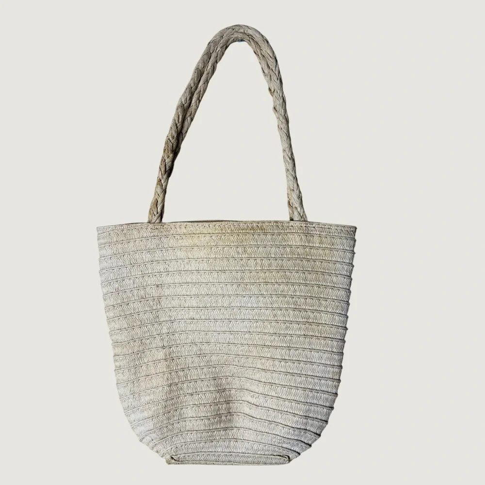 Kids Beach Straw Tote‎ Bag Rainbow Chenille Patch Tassels Woven Summer Bag